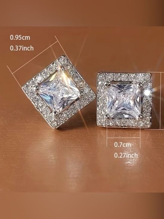 Unisex Square Halo Cubic Zirconia Stud Earrings - Silver Tone