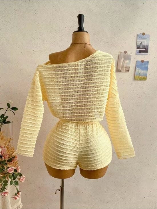 Light Yellow Knit Lounge Shorts - Soft Summer Women Shorts Top Set Medium