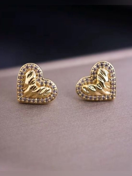 Gold Heart Crystal Halo Stud Earrings - Women's Fashion Jewelry