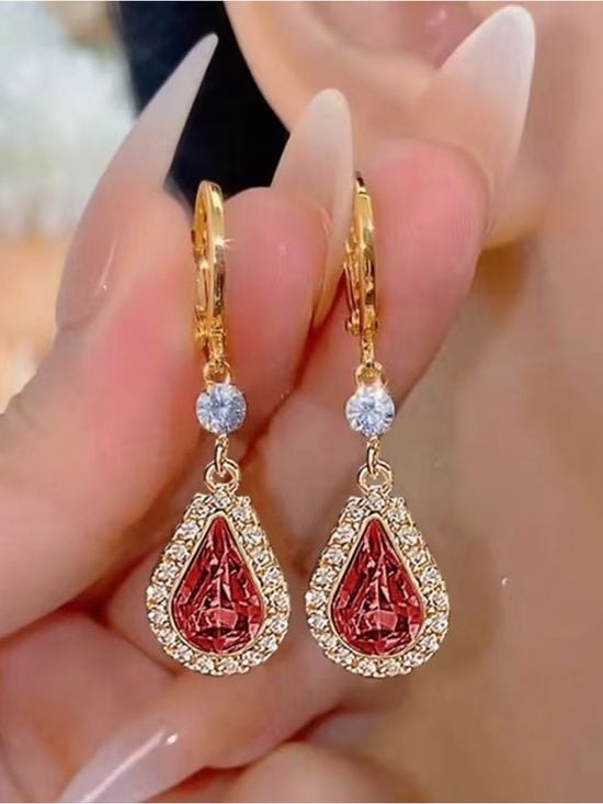 Gold Teardrop Red Crystal Dangle Earrings - Women Jewelry