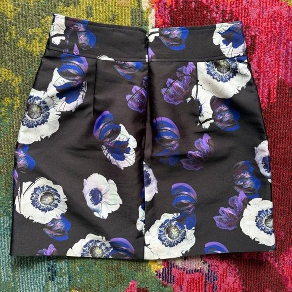 J. Crew Black Mini Skirt with White and Purple Floral Print Sz 4