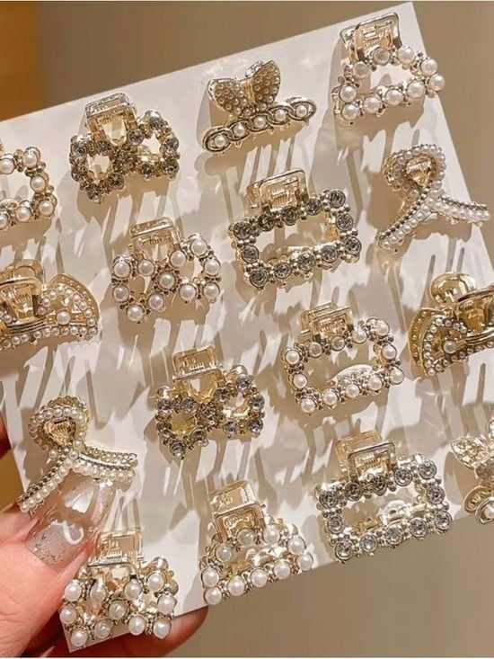 Gold Pearl & Crystal Mini Hair Claw Set - Gold Tone