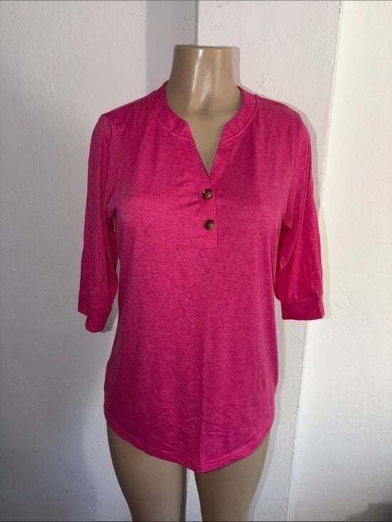 Women's Hot Pink Henley 3/4 Sleeve Top Button Detailed Top Medium