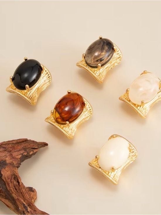 Gold Plated Cabochon Statement Ring Amber
