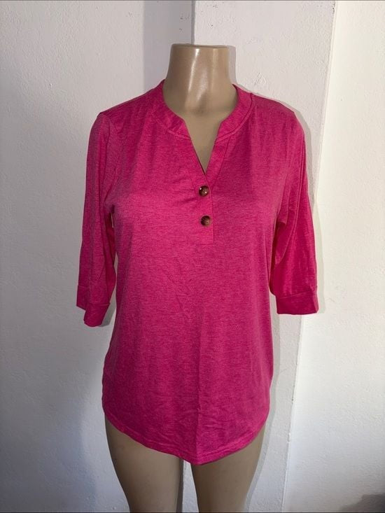 Women's Hot Pink Henley 3/4 Sleeve Top Button Detailed Top Medium
