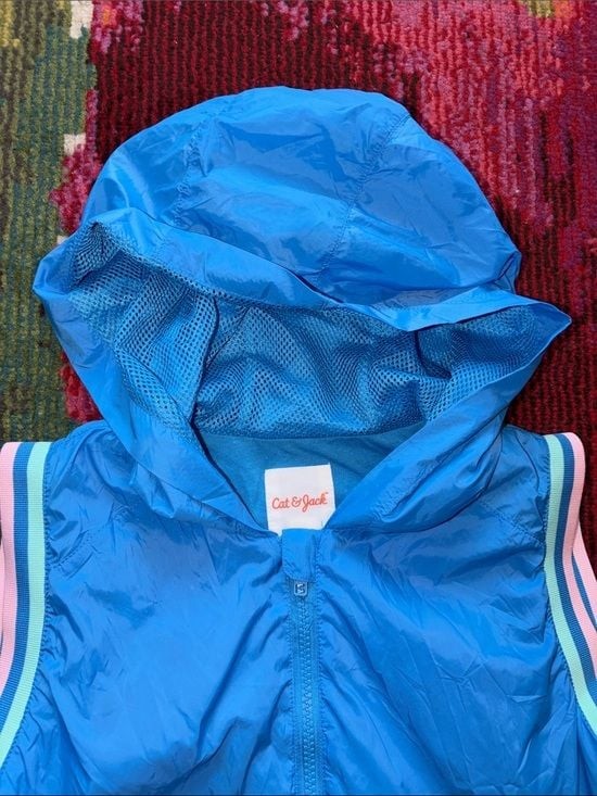 Cat & Jack Bright Blue Hooded Sleeveless Jacket with Pastel Stripe Trim 10/12 L