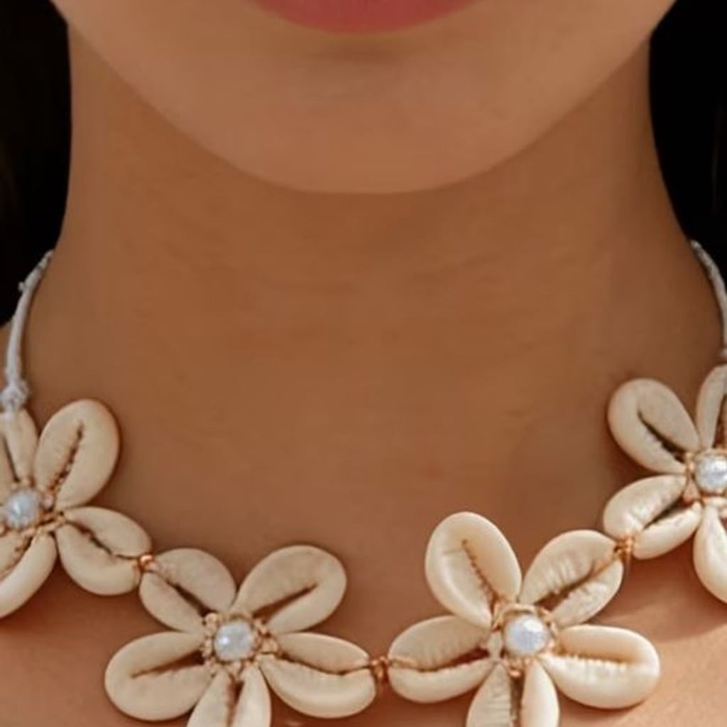 Cream Floral Shell Necklace with Pearl Centers