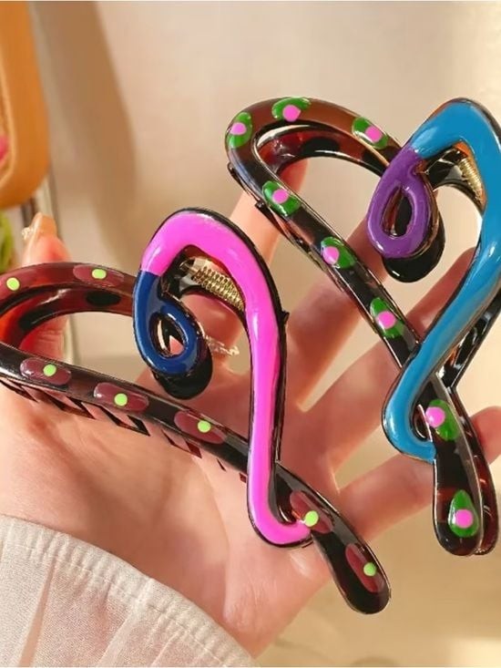 1 x Brown Hair Claw Clip with Pink & Green Accents - Women’s Hair Accessory