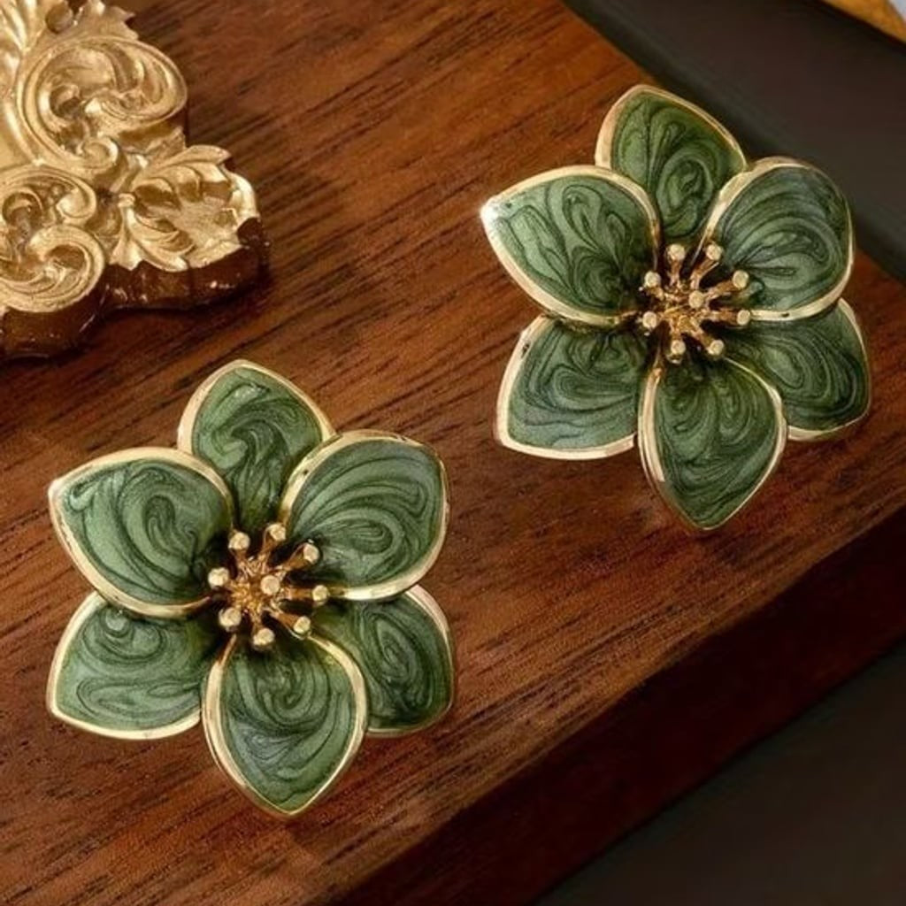 Green Floral Gold-Trim Stud Earrings - Women Jewelry