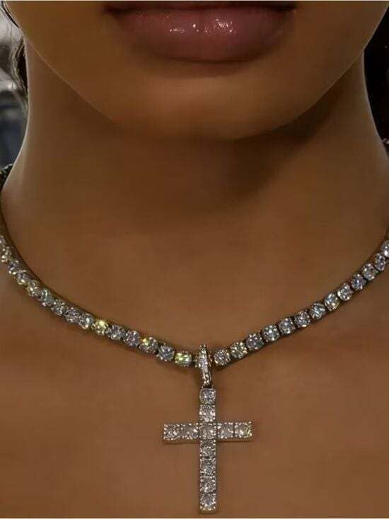 Divine Shine: Diamond Cross Tennis Necklace - White Gold Tone