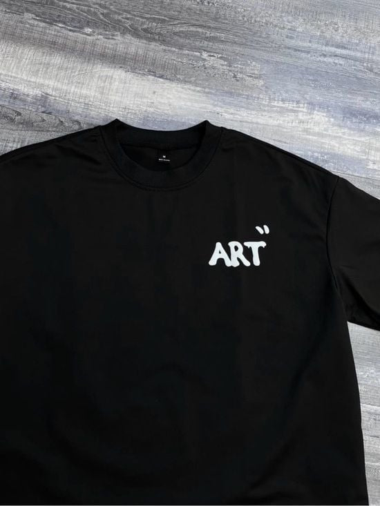 Embossed Black Tee with Pink Floral 'ART' Graphic Large