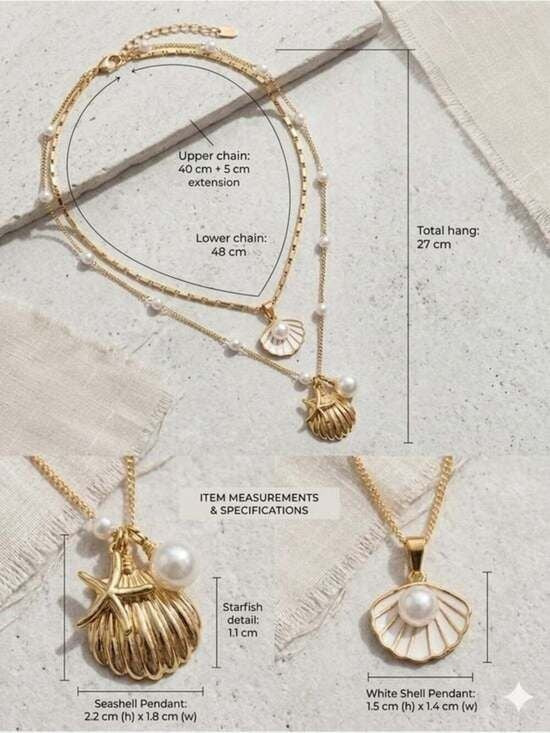 Layered Gold Shell Pendant Necklace with Pearl Accents - Women Jewelry