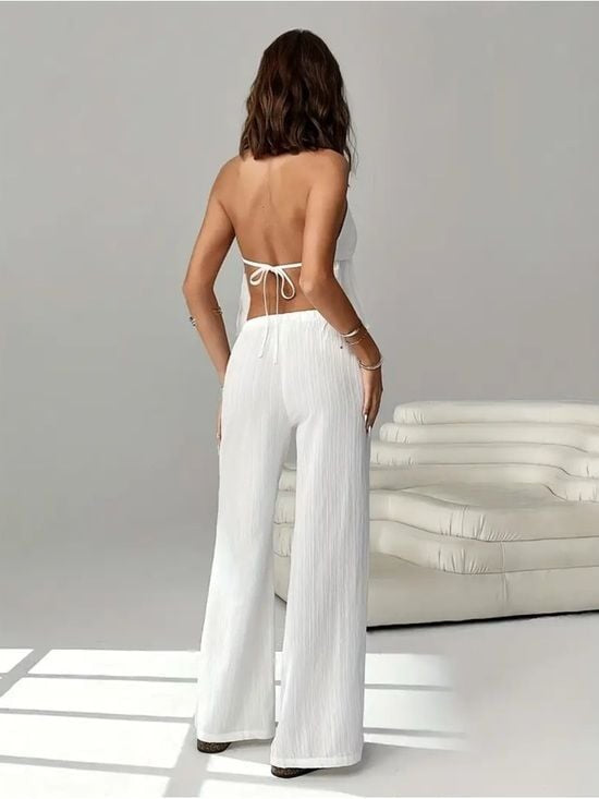 Women's White Wide-Leg Two-Piece Set with Halter Top
