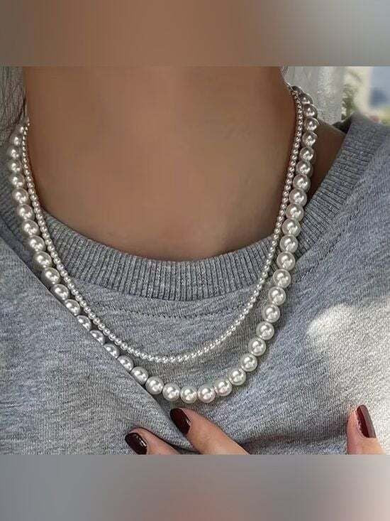 2 Classic Pearl Layered Necklace - Elegant White Pearls