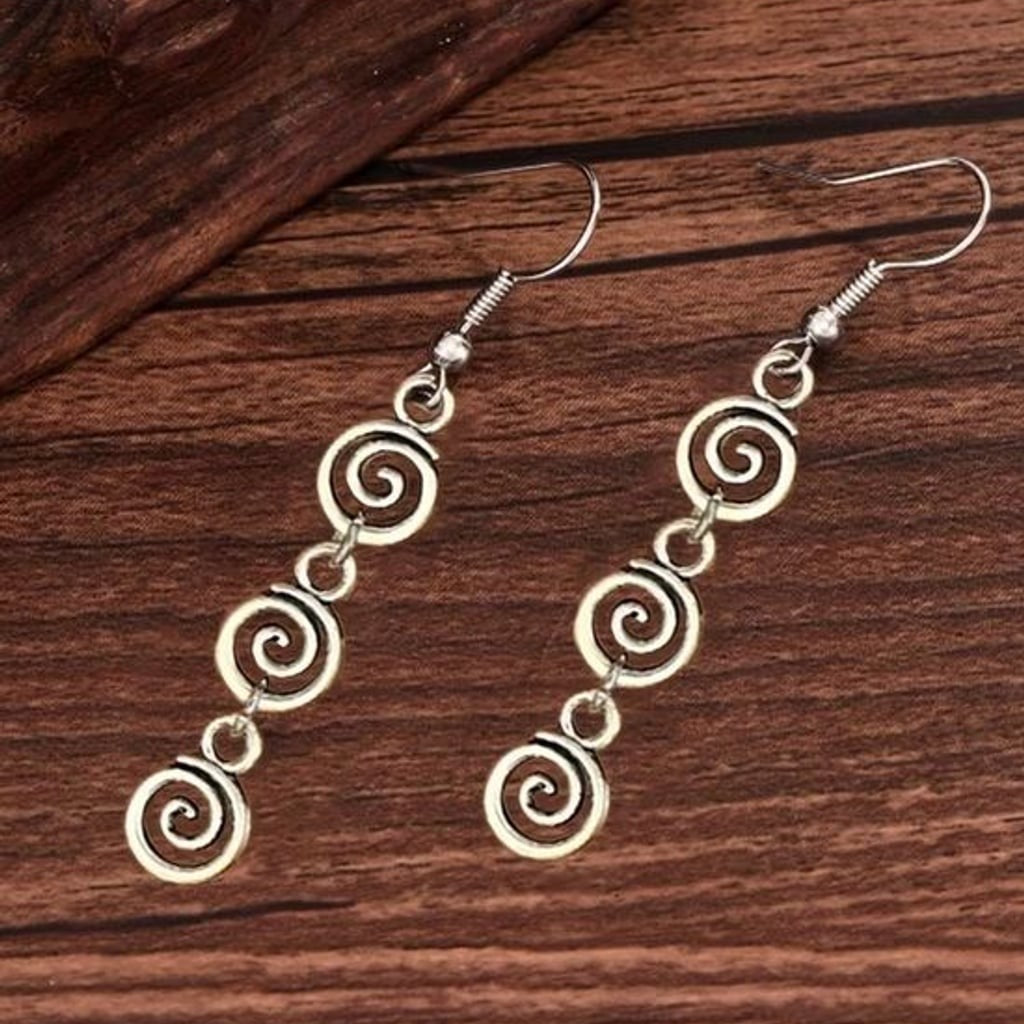 Gold Triple Spiral Long Drop Earrings