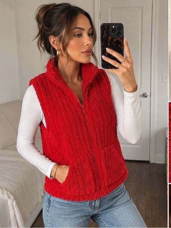 Red Plush Zip-Front Women's Sweater Vest XXL