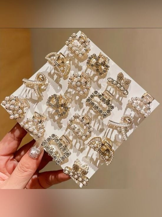 Gold Pearl & Crystal Mini Hair Claw Set - Gold Tone