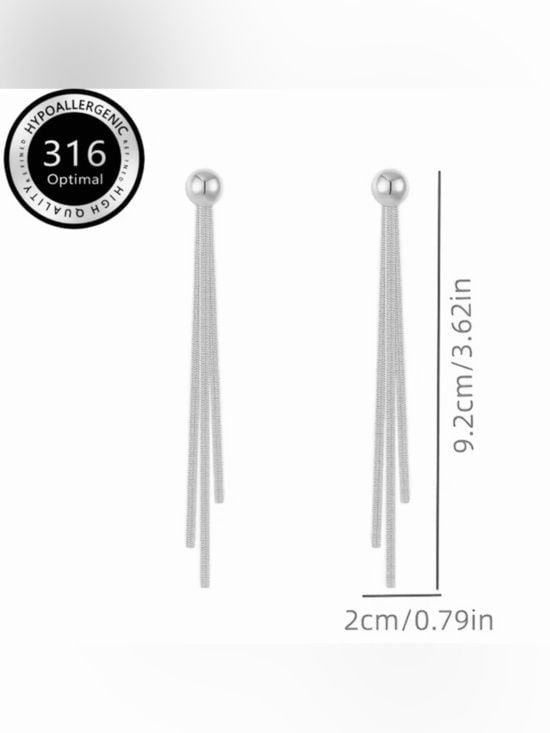 Long Silver Tassel Drop Earrings - Hypoallergenic Stainless Look