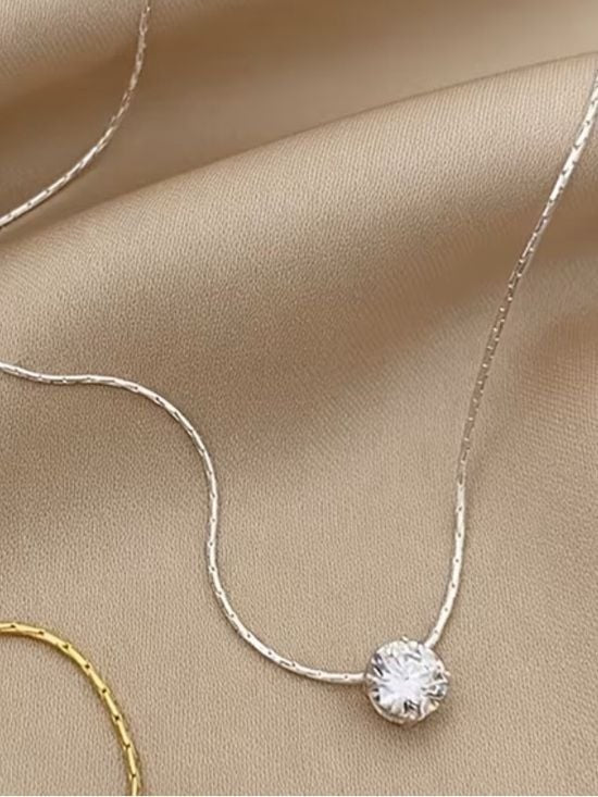 Delicate Solitaire Necklace w Clear Crystal Pendant - Silver Tone