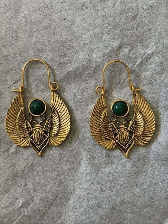 Gold Winged Scarab Earrings with Green Gemstone - Women Jewelry