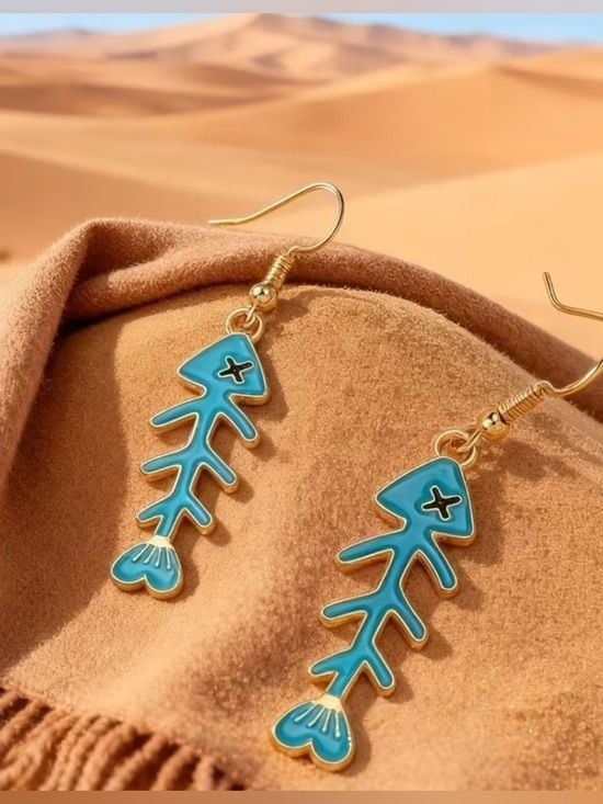 Turquoise Enamel Fishbone Drop Earrings - Gold Accent