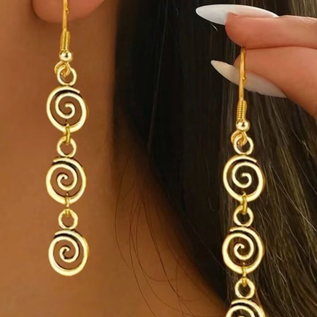Gold Triple Spiral Long Drop Earrings