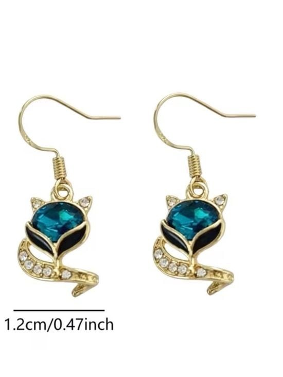 Gold-Plated Teal Crystal Fox Dangle Earrings