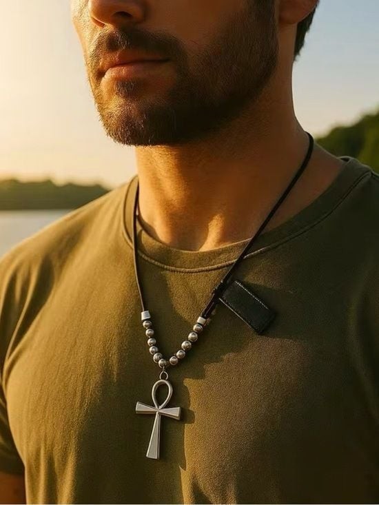 High Quality Black Leather Cord Necklace with Silver Ankh and Bead Accents