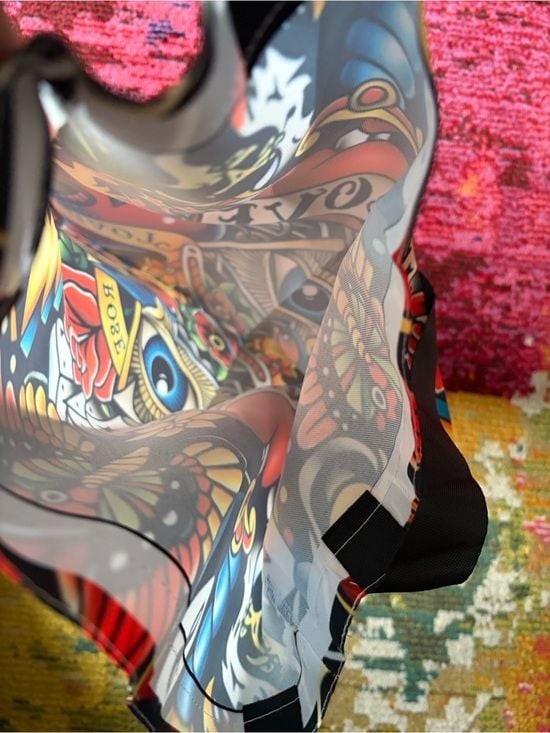 Tattoo-Style Black Multi Tote Bag with Heart & Rose Motifs