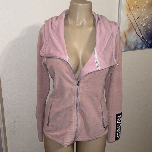 Calvin Klein Pink Fleece Logo Sleeve Zip Up Hoodie Small