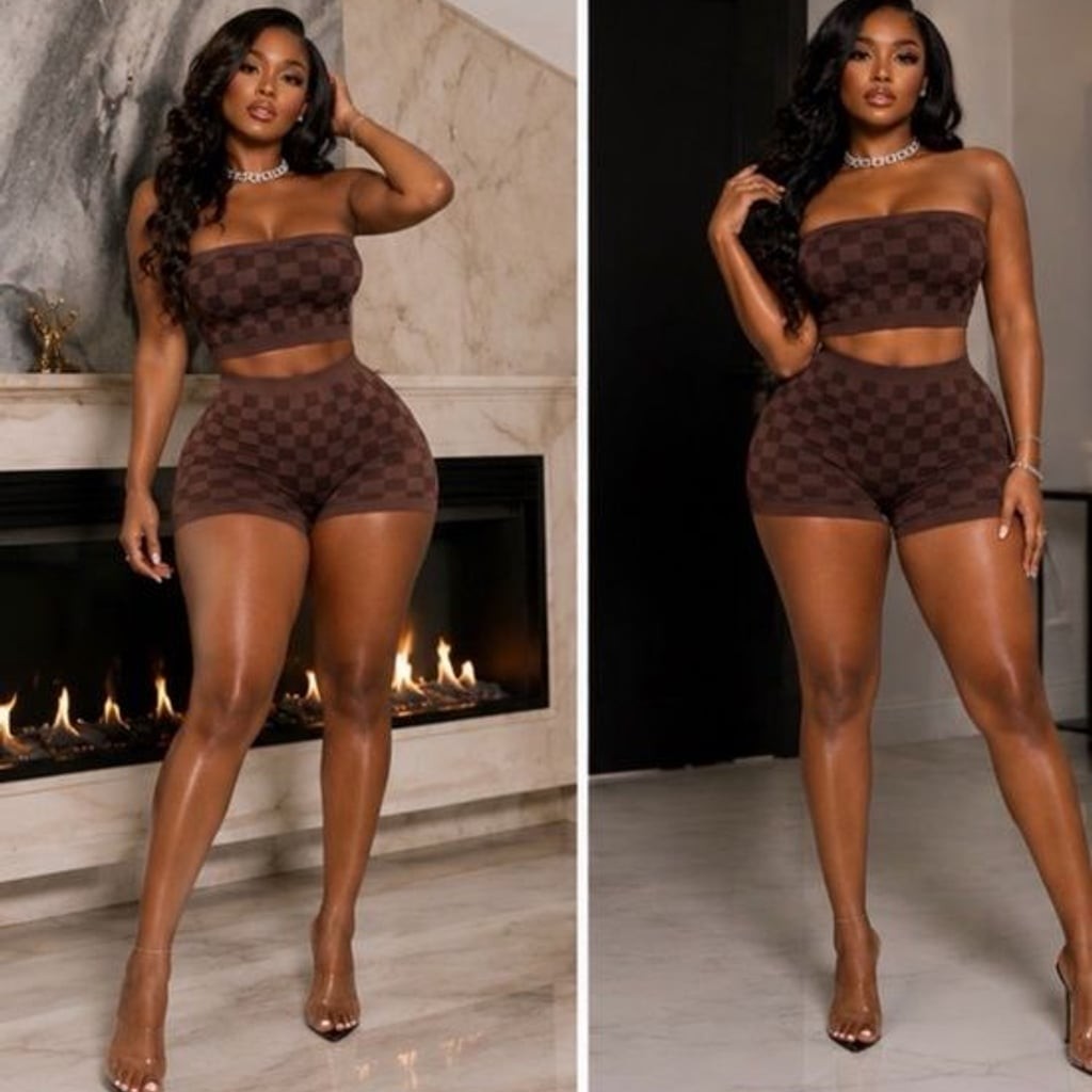 Seamless Checkerboard Strapless Crop Top in Brown