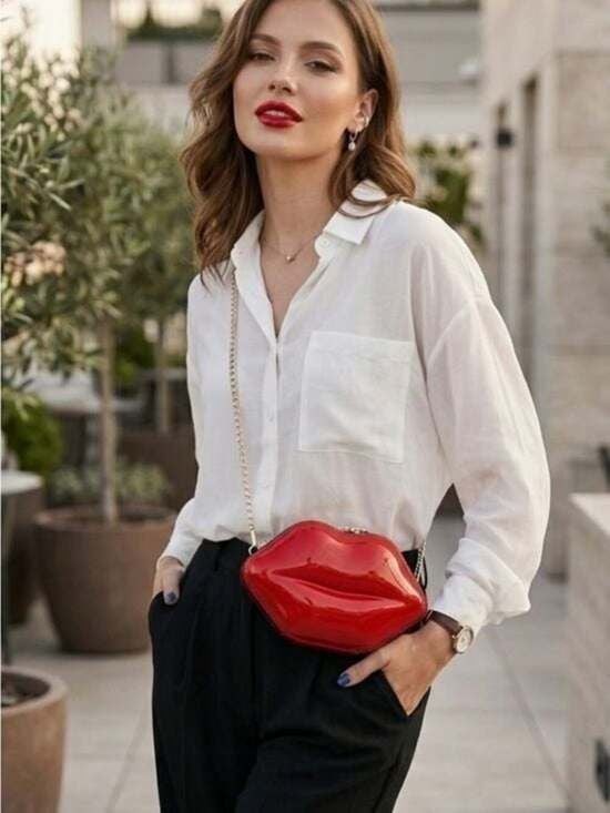 Glossy Red Lip-Shaped Crossbody Bag with Gold Chain
