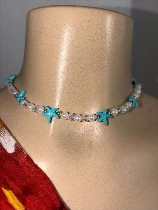 Turquoise Flower & Pearl Beaded Choker Necklace