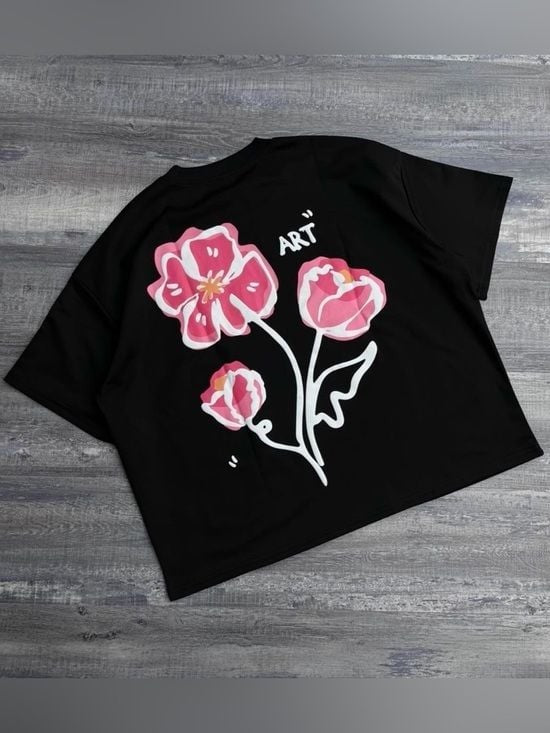 Embossed Black Tee with Pink Floral 'ART' Graphic Large