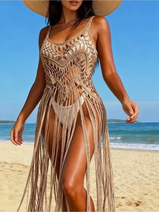 Beige Crochet Fringe Mini Dress Cover-Up Tan OS