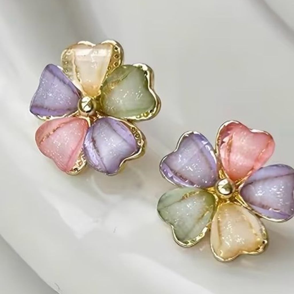 Pastel Multicolor Fold Trim Floral Cluster Stud Earrings