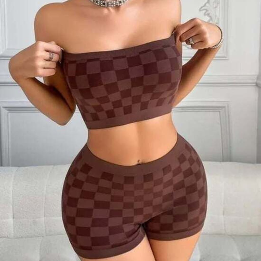 Seamless Checkerboard Strapless Crop Top in Brown