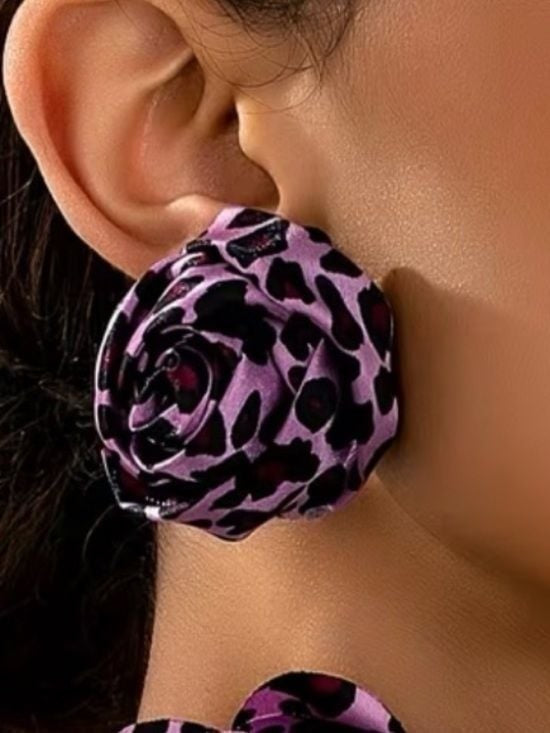 Purple Leopard Jewelry Set Floral Choker Necklace & Rose Bud Earrings