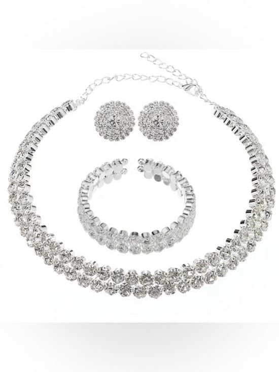 Crystal Pavé Silver-Tone Necklace and Bracelet Set - Elegant White Sparkle