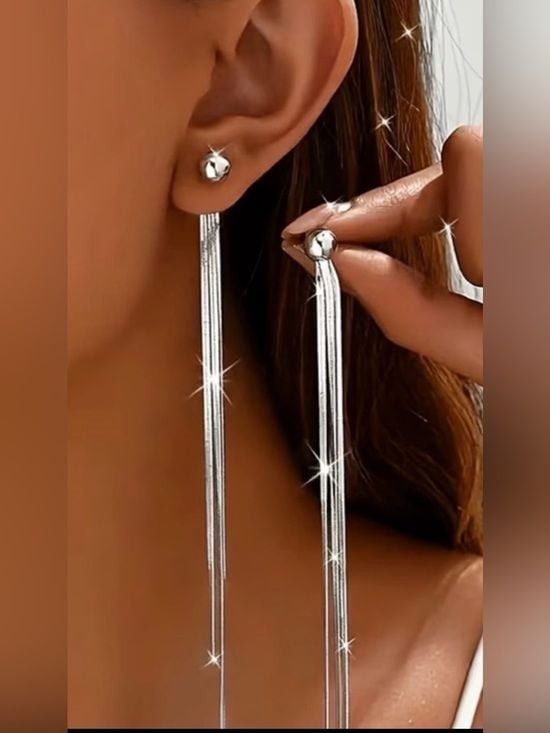 Long Silver Tassel Drop Earrings - Hypoallergenic Stainless Look