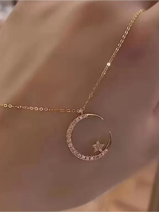 Crescent Moon and Star Pendant Necklace in Rose Gold