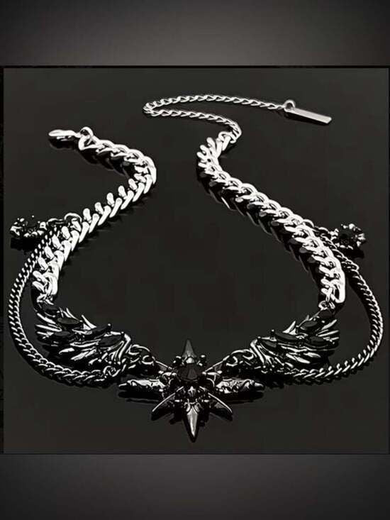 Layered Black Star and Wing Pendant Necklace