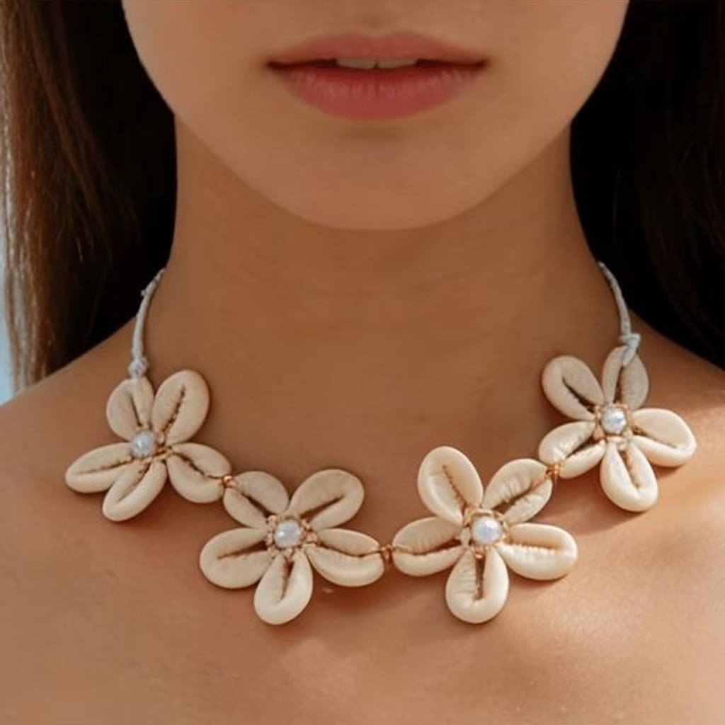 Cream Floral Shell Necklace with Pearl Centers