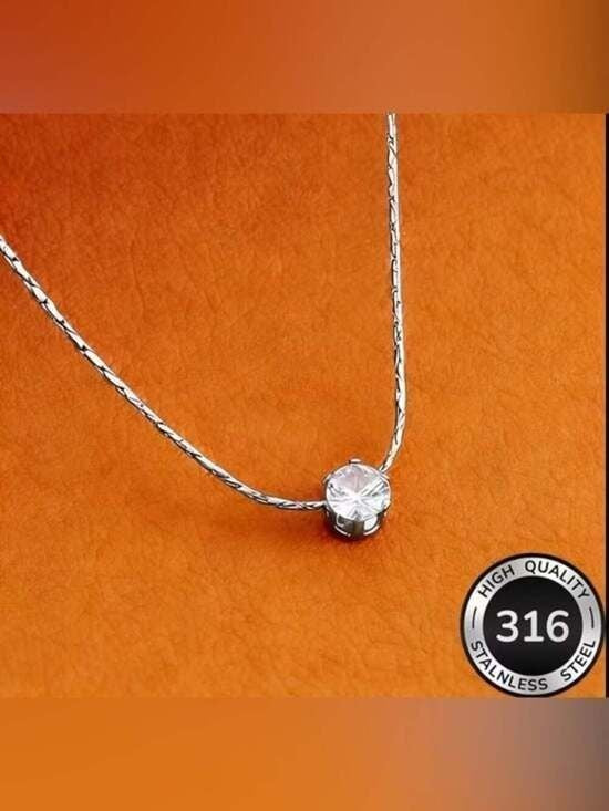Delicate Solitaire Necklace with Clear Crystal Pendant - Silver Tone