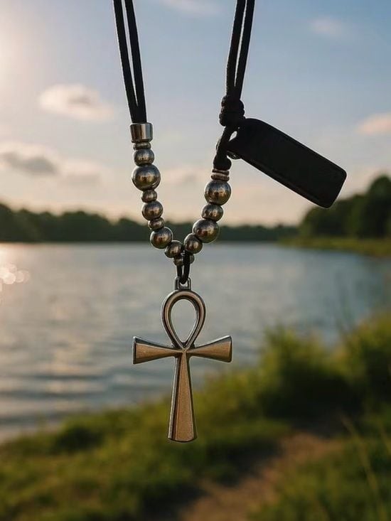 High Quality Black Leather Cord Necklace with Silver Ankh and Bead Accents