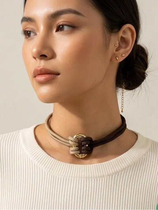 Elegant Two-Tone Knot Choker Necklace - Gold Accent