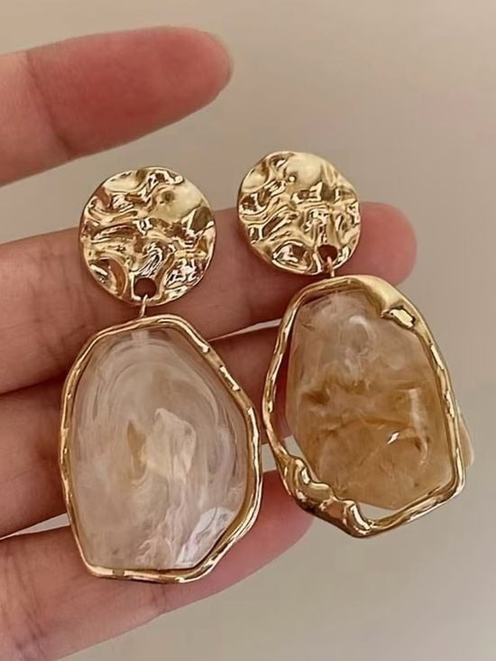 Gold-Tone Drop Earrings with Cream Sculpted Stone - Women Jewelry