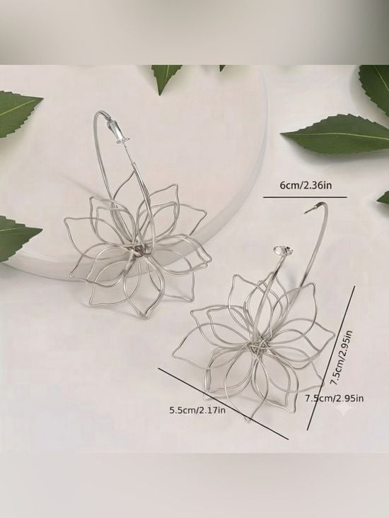 Silver Floral Wire Hoop Earrings - Openwork Lotus Design