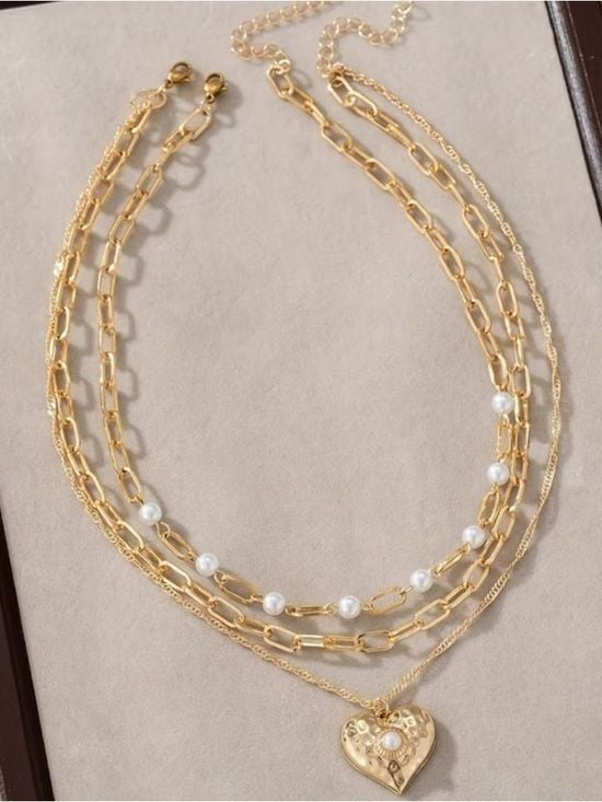 2 x Layered Heart Pendant Necklace with Pearl Accents - Women Jewelry