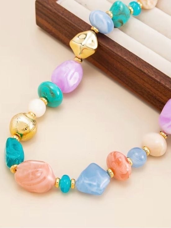 Multicolor Beaded Necklace with Gold Accents - Pastel Mix